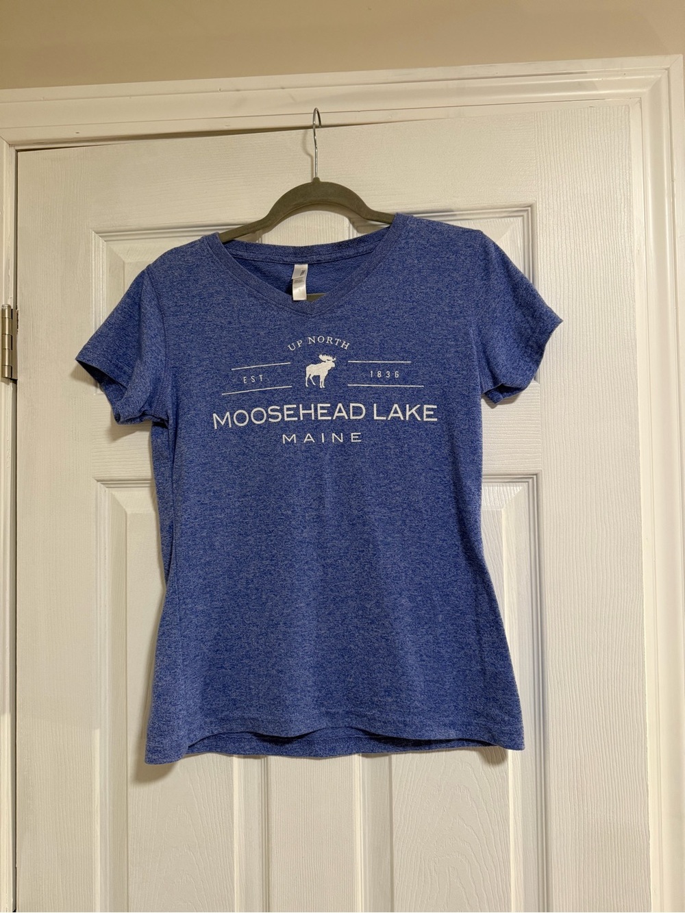 Women’s Blue Crew Neck T-Shirt- Moosehead Lake Maine- “Up North”- Size Small